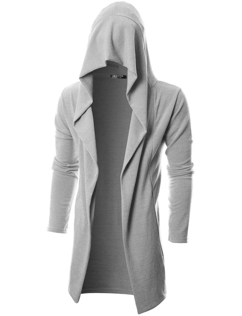 GIVON Men's Long Hooded Shawl Cardigan Open Front Gothic Cloak with Drape Design Shawl Collar / DCC055-GREY-S - Image 1